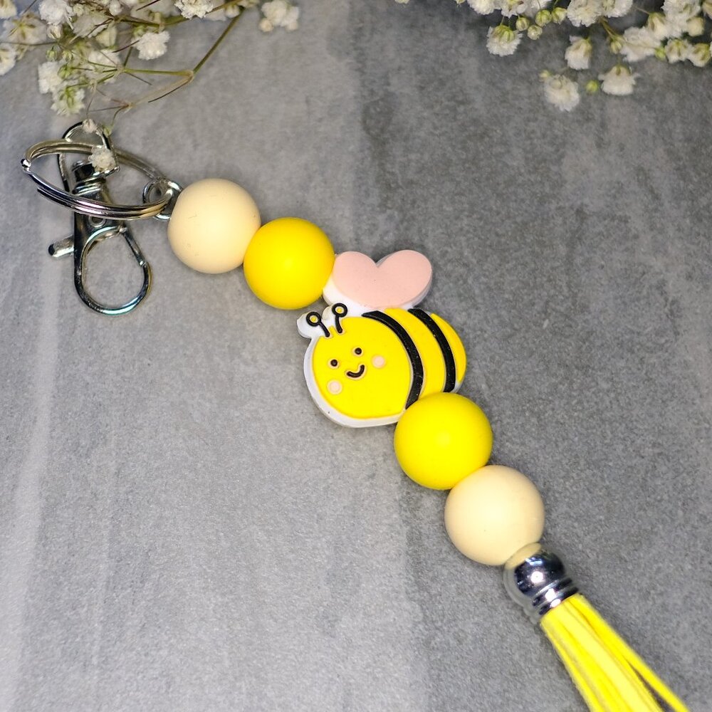 Fun Beaded Keychain, Handmade, tassel, bee, cross, religious, bumblebee, key - Picture 2 of 3